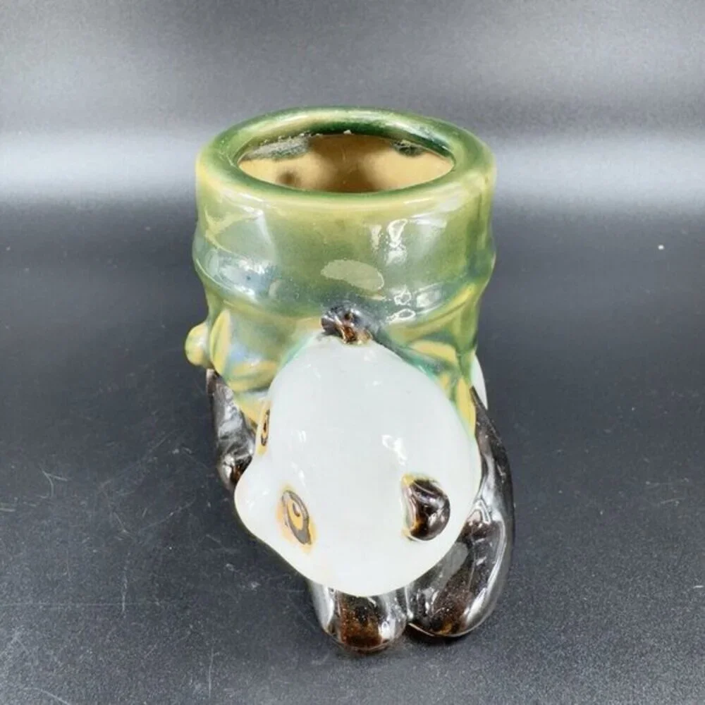 Vintage Majolica Style Ceramic Panda Bear With Bamboo Planter Small Vase Pottery